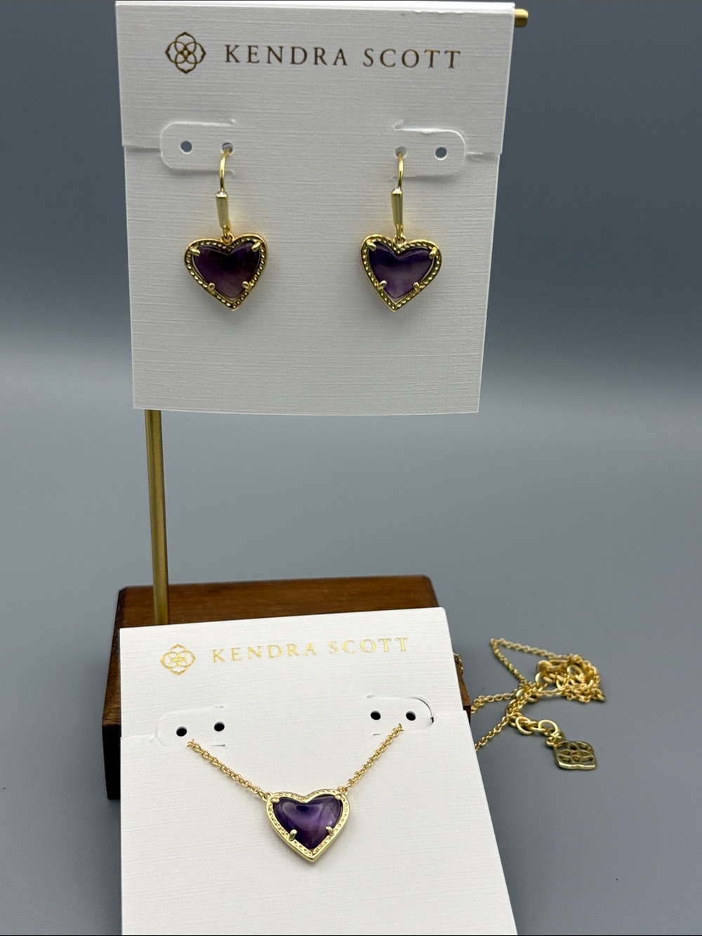 Kendra Scott Gold Heart Earrings and Necklace with Purple Stones